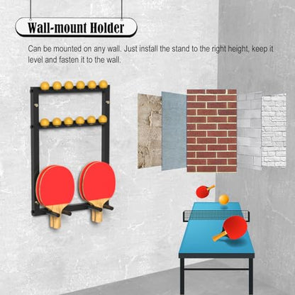 Ping Pong Paddles Holder Wall Mount, Metal Table Tennis Storage Rack for Game Room/ Man Cave/ Apartment - Holds 6 Paddles & 12 Balls, Space Saving Display Stand Holder Shelf Sport Equipment Organizer