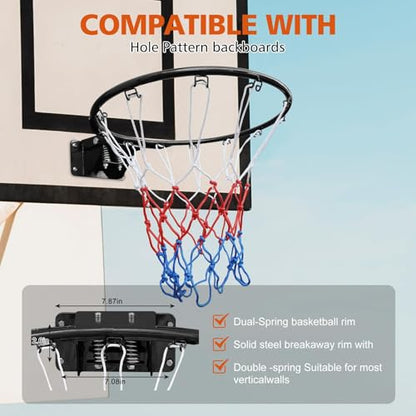 Basketball Rim Replacement Standard 18" Steel Rim Wall Mounted Basketball Goal Hoop with Net for Indoor Outdoor - color: Black + Double Spring