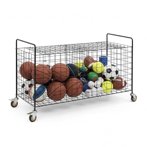 MyGift X-Large Capacity Black Metal Sports Ball and Gym Equipment Storage Rolling Cart with 2 Compartments, Lock Latch and Heavy-Duty Locking Caster Wheels, Garage Ball and Gear Organizer Holder