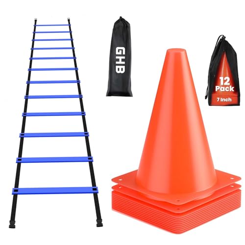 GHB Agility Ladder 1 Pack and 7 Inch 12 Pack Soccer Cones 2 Carrying Bag