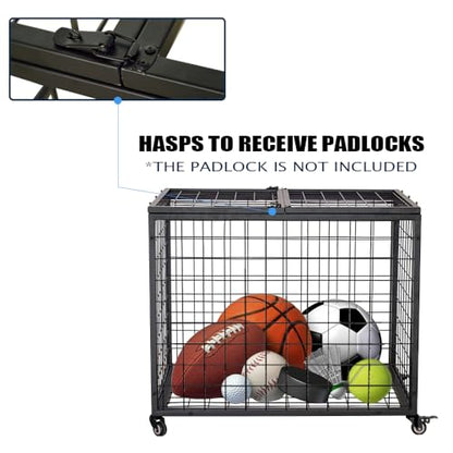 Yeeoy Rolling Sports Ball Storage Cart, Multi Large Sports Equipment Organizer Holder with Lockable Lid, Indoor Outdoor Ball Cage Bin Sport Rack for Gym, School, Club