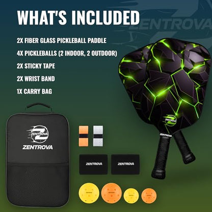 Zentrova Pickleball Paddles Set of 2, Fiberglass Surface w/PP Honeycomb Core Pickleball Rackets, Lightweight Pickle Ball Paddle w/4 Balls, 2 Overgrips, 2 Wristbands & Carry Bag – for Men & Women