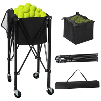 Portable Tennis Ball Hopper Holds 180 Balls, Tennis Ball Basket Cart with 4 Wheels & Brakes, Detachable Oxford Fabric Bag for Tennis and Pickleball Training, Black - color: Black Iron
