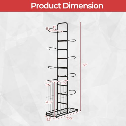 GYMAX Sports Equipment Organizer, Basketball Rack 7-Tier with Removable Hanging Rods, Side Ball Basket, Adjustable Foot Pads, Sports Organizer for Garage, Toy Organizer
