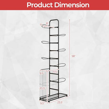 GYMAX Sports Equipment Organizer, Basketball Rack 7-Tier with Removable Hanging Rods, Side Ball Basket, Adjustable Foot Pads, Sports Organizer for Garage, Toy Organizer