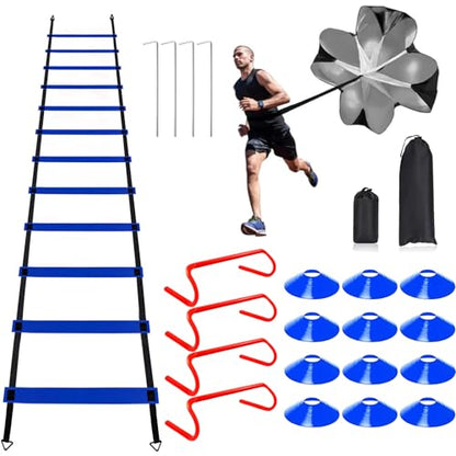 YEXEXINM Professional Agility Ladder Speed Training Equipment Set-20ft Agility Ladder,12 Soccer Cones, 4 Agility Hurdles, Running Parachute, Suitable for Soccer Football Basketball Training - color: blue