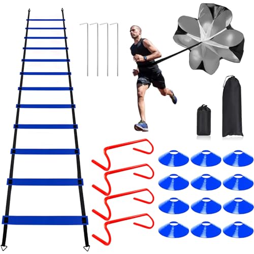 YEXEXINM Professional Agility Ladder Speed Training Equipment Set-20ft Agility Ladder,12 Soccer Cones, 4 Agility Hurdles, Running Parachute, Suitable for Soccer Football Basketball Training - color: blue