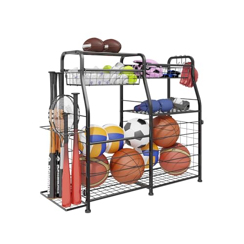 Garage Sports Equipment Organizer with Wheels - Ball Storage Rack with Elastic Rope or Wire Mesh,Garage Organizer System,Indoor/Outdoor Sports Rack for Sports Gear and Toys Storage,Black - style: Small No Wheels