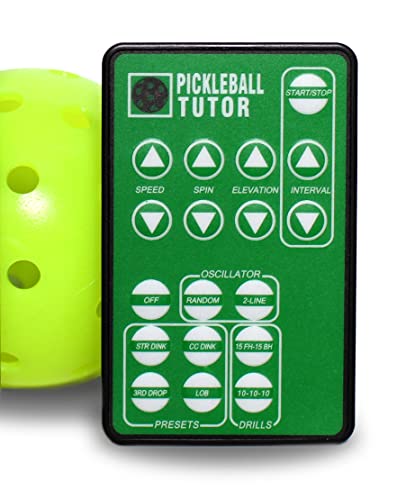 Pickleball Tutor Plus Ultra Model Ball Machine w/Multi-Function Remote. Variable TOPSPIN/Backspin. Speed 65 MPH. Includes PRESET Shots and Drills. Made in USA by #1 Pickleball Machine Company.