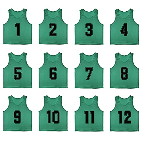 12 Pack Numbered（1-12） Scrimmage Vests/Sport Pinnies/Training Bibs For Basketball,Soccer, Volleyball and Baseball - color: Green1-12, size: X-Large