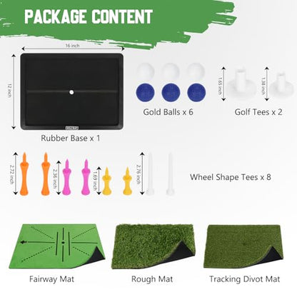 Golf Hitting Mat Training System, 3-in-1 Training Mats for Swing Path Feedback, Fairway, Rough Mats with No-Slip Heavy-Duty Rubber Base, 16"x12" Golf Practice Mat for Golfers, Beginners & Pros