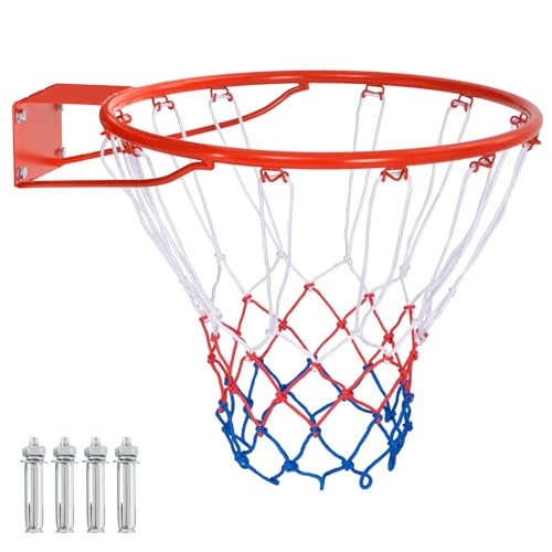 GYMAX Basketball Rim, 15/18 inch Basketball Rim Replacement with All-Weather Net, Basketball Hoop Replacement Rim Outdoor/Indoor for Wall Door Mounted - color: Orange Red, size: 18"