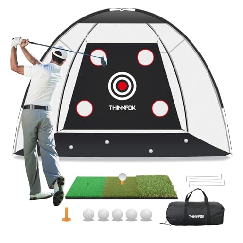 Golf Practice Net and Mat, 10x7FT Hitting Aids for Backyard Driving Chipping Swing Training with Noise Reduce Target Tri-Turf Mats Tees Real Balls for Indoor Outdoor, Gifts for Men Dad