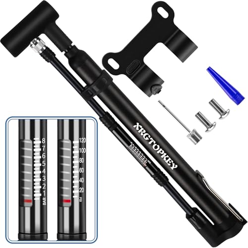 Bike Pump with Gauge, Floor Stand Mini Bike Pump 120 PSI with Foot Rest for Stable Inflation, Dual Valve Schrader Presta, Bicycle Tire Inflator for Fast Emergency Repair on MTB and Road Bike