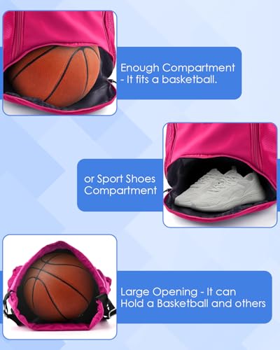 BROTOU Soccer Drawstring Backpack, Basketball Bag, Volleyball Football Bags with Ball and Shoe Compartment - color: Rose Red