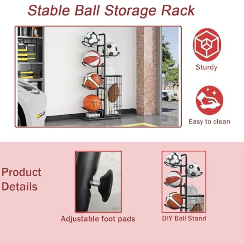 INGIORDAR Ball Storage Basketball Rack Organizer Sports Equipment Garage Stand 6 Tier for Football Volleyball Soccer Indoor Outdoor, Black