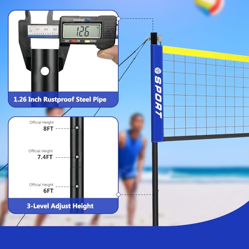 Beach Volleyball Net System with 4 Sand Anchors.Easy Setup Adjustable Height Poles with 2 Volleyball Ball,Pump,Boundary Line，Carry Bag.Volleyball Net for Backyard,Grass and Lawn - size: 32FT