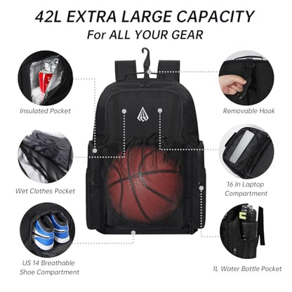 Pro Basketball Bag with Size 14 Shoe Compartment & Detachable Ball Mesh,Large Basketball Backpack for Boys with Wet Dry Separation,Insulated Cooler Pocket,Best for Basketball,Soccer,Volleyball