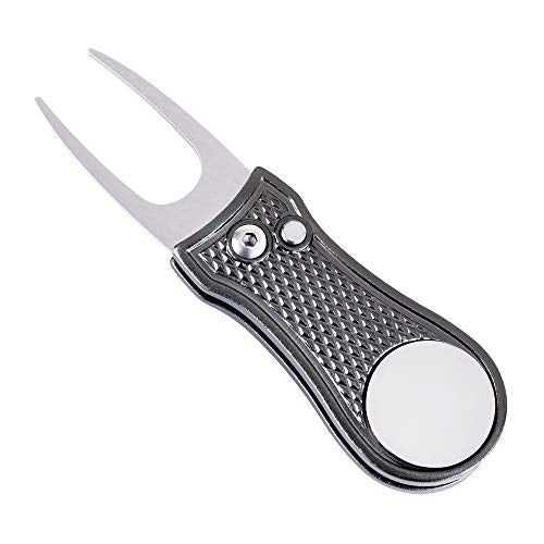 Mile High Life Golf Divot Repair Tool, All Metal Foldable Divot Tool with Pop-up Button & Magnetic Ball Marker - color: Gray Bone