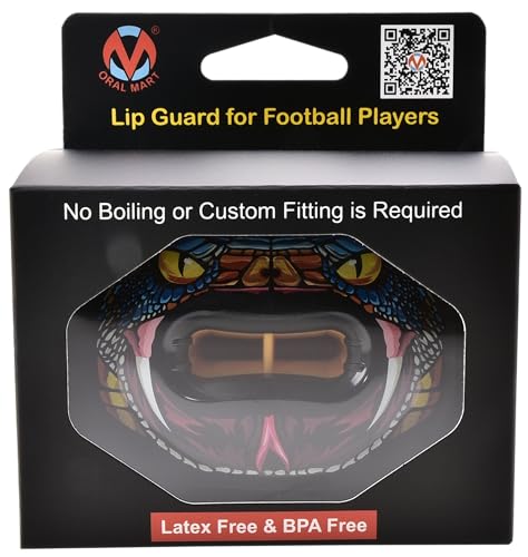 Oral Mart Flag Football Mouth Guard with 3D LipFit Design for Kids - Youth Football Mouthguard (No Boil) Cool Instant Fit Lip Guard Mouthpiece for Braces (Detachable Helmet Strap Included) - color: Stealth Viper