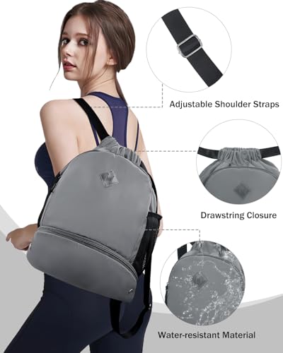 RHDZO Drawstring Backpack Gym Backpack with Shoe Compartment for Men Women String Sports Bag with Wet Pocket Cinch Swim Beach Bag, Large Gray - color: Large Gray