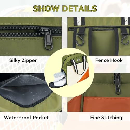 Pickleball Bag for Women Men Large Tennis Backpack for Pickleball, Tennis, Racketball, and Travel Sling Bag with Shoe Compartment and Fence Hook External Ball B-ag and Adjustable Shoulder Strap - color: Army green