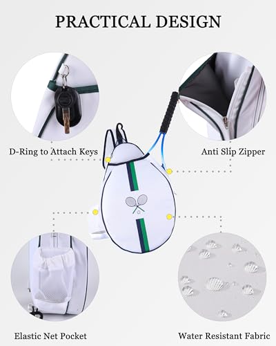 Rejolly Tennis Racket Sling Bag for Women Men Quilted Water Resistant Racquet Cover One Shoulder Crossbody Bag for 2 Tennis Rackets, Pickleball Paddles, Badminton Racquet - color: Blue Green