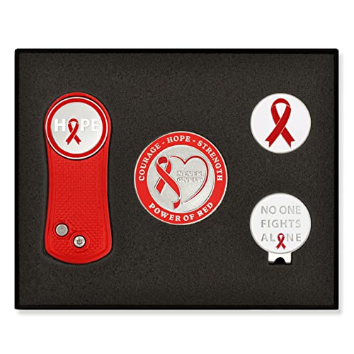 PinMart's Golf Essentials Gift Set - Golf Divot Tool, Hat Clip, Magnetic Ball Markers, Large Ball Marker with Presentation Box - Gifts and Accessories for Men and Women - color: Red Awareness Ribbon