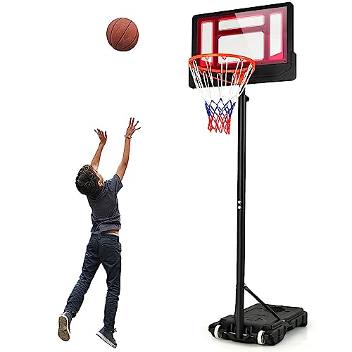 Giantex Basketball Hoop Outdoor Indoor, 4.3 FT-8.2 FT Height Adjustable Basketball Goal Court System w/Fillable Base, Backboard & 2 Wheels, Portable Basketball Hoop for Kids Backyard Driveway - color: Red + Black