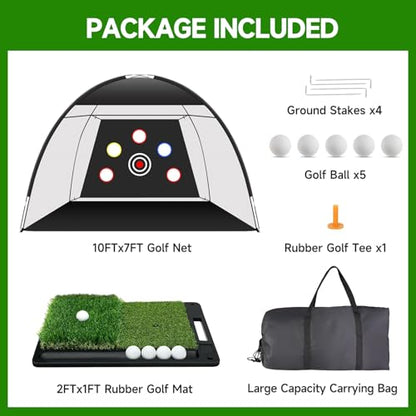 Golf Net: 10x7ft Golf Hitting Practice Net for Use，with Heavy-Duty Base Dual-Turf Mat，Suitable for Various Indoor and Outdoor Scenarios，Scenes Such As Garages, Backyards, Sandy Areas, Lawns, Etc