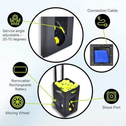 Portable Tennis Ball Machine 22 lbs for Beginners, Dual Motor for Top Spin & Backspin, 50+ Ball Capacity, Max 45 MPH Speed, 4+ Hour Rechargeable Battery, App and Remote Controlled