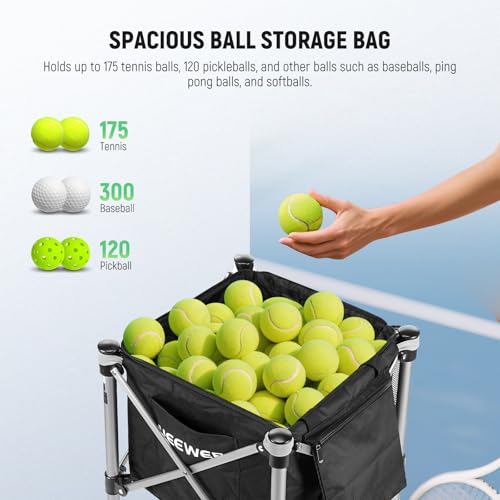 NEEWER Tennis Ball Hopper, Pickleball Retriever Collector Basket Cart Holder Tennis Court Equipment Accessory for Training Teaching - style: TB02X Bag w/Cart