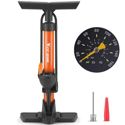 Bike Floor Pump, Bikes Pump with Gauge,Bicycle Air Pump with High Pressure 160 Psi, BikeTire Pump with Presta Schrader Valves，Portable Hand Pump Bike, Fits Road Bikes MTB E-Bike, Ball - color: Orange