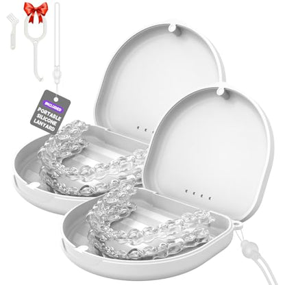 2Pack Retainer Case, Compatible with Invisalign, Slim Aligner Case with Vent Holes, Portable Orthodontic Box with Removal Tool, Brush and Lanyard, White - color: 2Pack - White