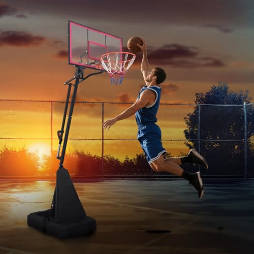 44 Inch Portable Basketball Hoop Outdoor, 8ft-10ft Height Adjustable Basketball Goal System with Shatterproof PVC Backboard & Dunkable Spring Rim, 165lbs Stable Base with Wheels for Driveway