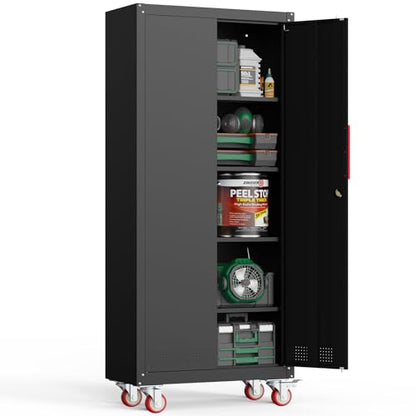 Kelueo 71" H Garage Storage Cabinet with Wheels,Metal Cabinets with 4 Adjustable Shelves and 2 Locking Doors for Garage,Home,Office,Shop,Black