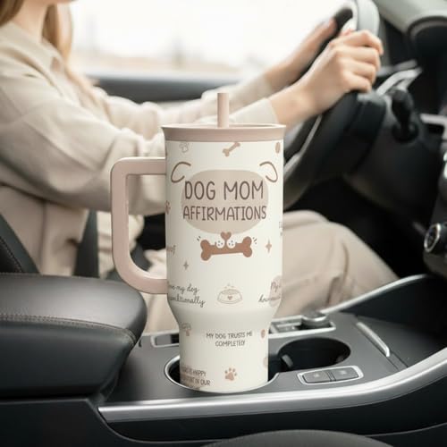 SANDJEST Dog Mom 40oz Tumbler With Handle and Straw, Dog Mom Affirmation Insulated Stainless Steel Travel Coffee Mug for Women Girls Pet Lovers, Gift Idea for Birthday Christmas Mothers Day - color: Dog Mom