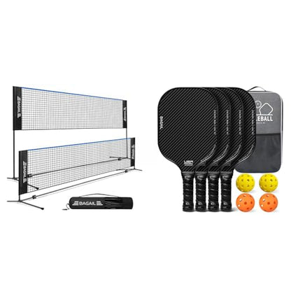 BAGAIL Badminton Net, Height Adjustable Kids Volleyball Net＋BAGAIL Pickleball Paddles, USAPA Approved Surface Pickleball Set, Lightweight Pickle Ball Rackets with 4 Balls, 1 Bag Black Save 20%