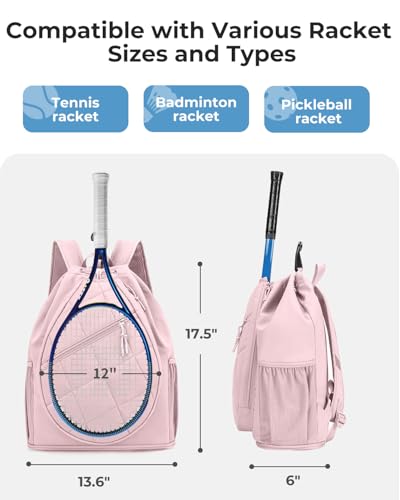 Drawstring Tennis Backpack, Puffer Tennis Racket Bag with Shoe Compartment & Wet Pocket Gym Bag for Women, Suitable for Pickleball Tennis Badminton - color: Pink