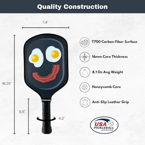 Funny Pickleball Paddles | USAPA Approved Paddle | T700 Carbon Fiber Surface | Propropylene Honeycomb Core | Non-Slip Cushion Grip | Single Paddle | High Grit & Spin | Fun Design - color: Frying Pan