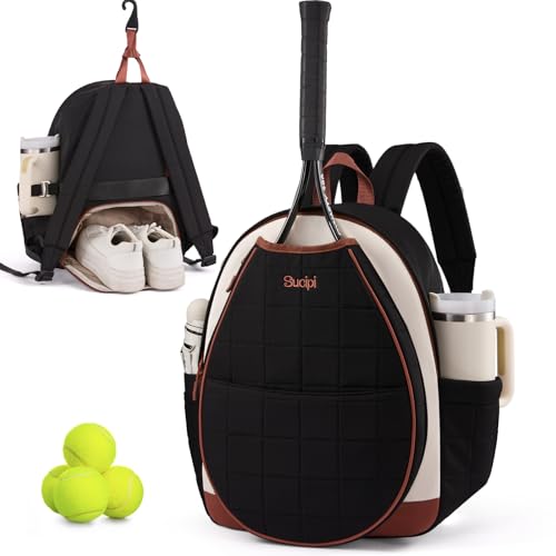 Tennis Bags for Women, Quilted Tennis Racket Bag Backpack for Tennis Racquet, Pickleball Paddles, Badminton - color: Black-white-brown with cup holder, size: Medium with Shoe Compartment