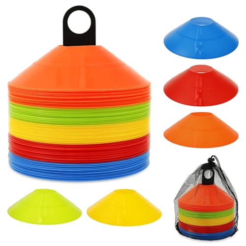100 Pack Soccer Cones, Soccer Sport Disc Cones Training,Field Marker Agility Cones with Carry Bag and Holder for Traffic, Basketball, Coaching, Practice Equipment,5 Colors