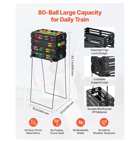 Tennis Ball Hopper, Holds 80 Tennis Balls, Pickleball Basket Cart with Wheels for Easy Pick Up, Portable Pickleball Collection Caddy with Heavy-Duty Construction, for Training Carrying Storage