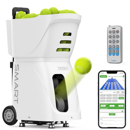 PT-Smart Tennis Ball Machine with APP, Remote & for Apple Watch Control, 12 Training Modes, 20 Landing Points, 12–75 MPH Speed, 100+ Ball Capacity, Portable Tennis Ball Launcher - color: White