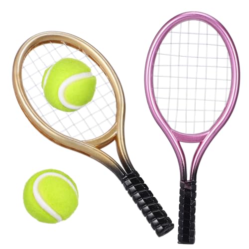 Garneck 2pcs Miniature Tennis Racket and Ball Set Plastic Mini Tennis Racket Miniature Sports Equipment for Home Decor (Random Color)