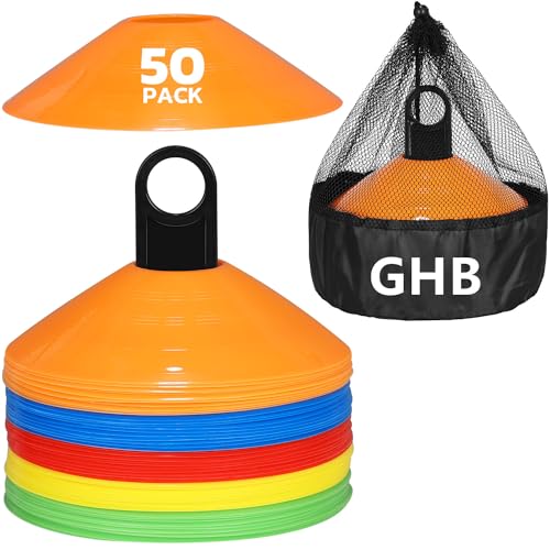 GHB Soccer Cones 25/50/100 Pack Disc Soccer Sport Cones Training Field Marker Agility Cones for Traffic, Basketball, Coaching, Practice Equipment Includes Cone Drills Guide - color: 50Pcs Multicolor