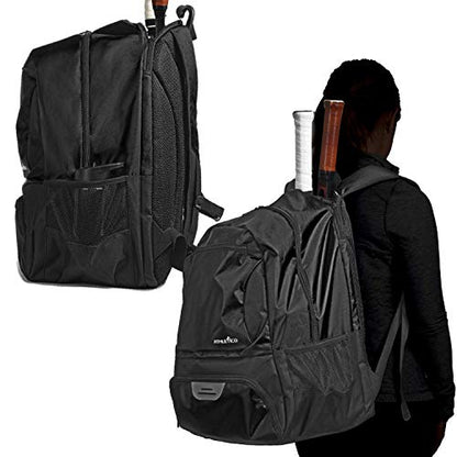 Athletico Premier Tennis Backpack - Tennis Bag Holds 2 Rackets in Padded Compartment | Separate Ventilated Shoe Compartment | Tennis Bags for Men or Women - color: Black