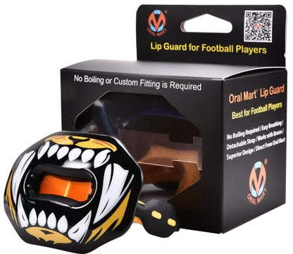 Oral Mart Flag Football Mouth Guard with 3D LipFit Design for Kids - Youth Football Mouthguard (No Boil) Cool Instant Fit Lip Guard Mouthpiece for Braces (Detachable Helmet Strap Included) - color: Tiger Bite