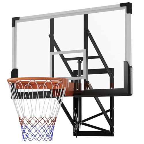 54 Inch Wall Mounted Basketball Hoop, 8-10 FT Adjustable Height Shatterproof PC Backboard Basketball Goal with 18 Inch Solid Rim for Indoor & Outdoor Use, Home, Gym, Backyard