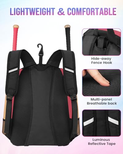 MATEIN Softball Bag, Lightweight Baseball Backpack with Shoe Compartment, Baseball Bag with Fence Hook for TBall Bat & Equipment, Softball Gifts Catchers Backpack for Women Fit Catcher’s Mitt, Helmet - color: Pink Black - Large